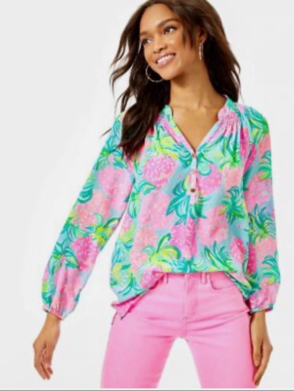 Lilly Pulitzer 100% Silk Tropical Floral Long-Sleeve Blouse Resort wear Top SzM